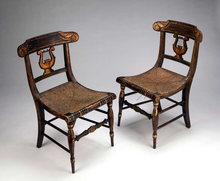 Pair of American Federal Painted Lyre Back Chairs 2