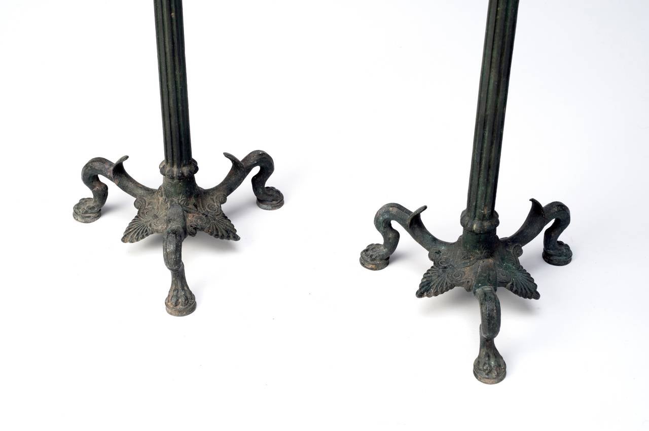 Grand Tour bronze torchieres,
Pompeiian style, circa 1880.
Height: 46.5 inches.
Width: 9 inches.
Depth: 9 inches.
(Top is 4.25 inches in diameter).