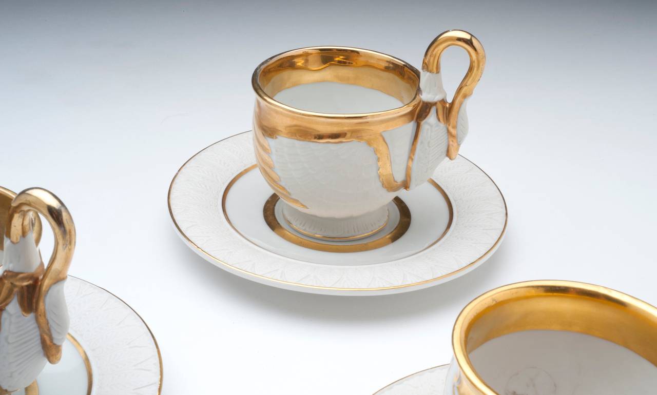 Neoclassical Six Meissen Dresden style Swan Cups and Saucers, circa 1955