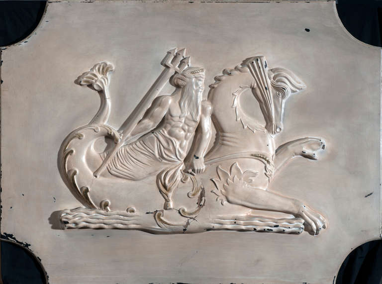 Large Art Deco Wooden Relief Sculpture of Poseidon Riding a Hippocampus.

In the Iliad, Homer describes Poseidon, who was god of horses (Poseidon Hippios), earthquakes, and the sea, drawn by 