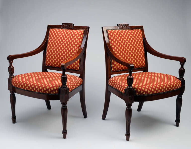 Pair of Charles-Honoré Lannuier Arm Chairs
2nd period, c. 1832
36 x 25 x 25 inches
18 inches seat height

In 1812, Lannuier was awarded his sole known public commission: to provide armchairs for the Common Council Chamber of New York's new City