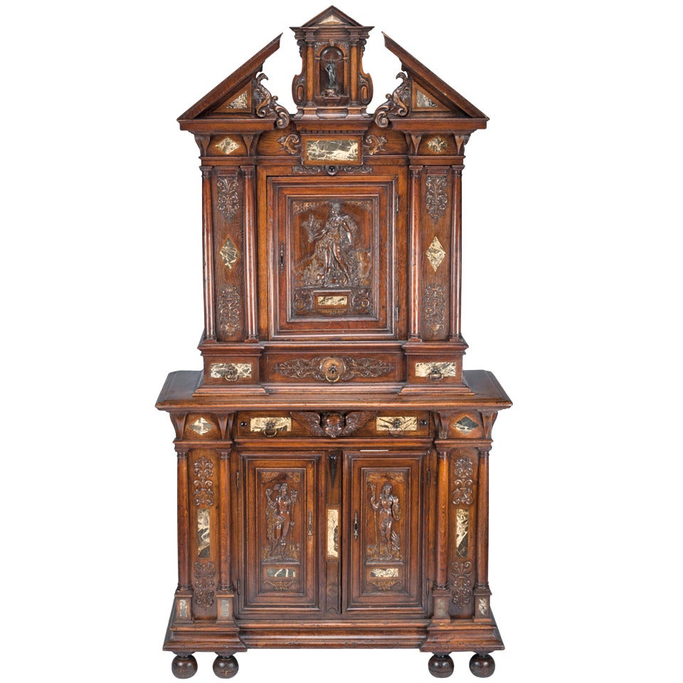 16th century French Renaissance walnut and marble-inlay cabinet