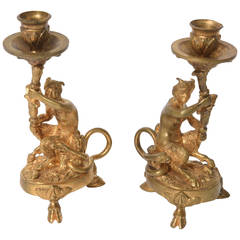Antique Pair of Rococo Gilt Bronze Candlesticks, Late 18th-Early 19th Century