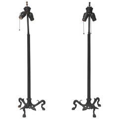 Pair of Antique Etruscan Style Tripod Bronze Lamps