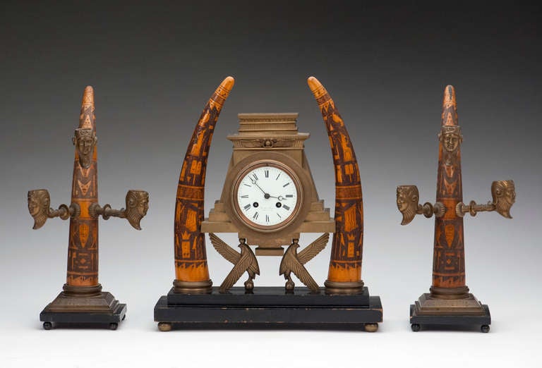 Three Piece Egyptian Revival Clock Set
