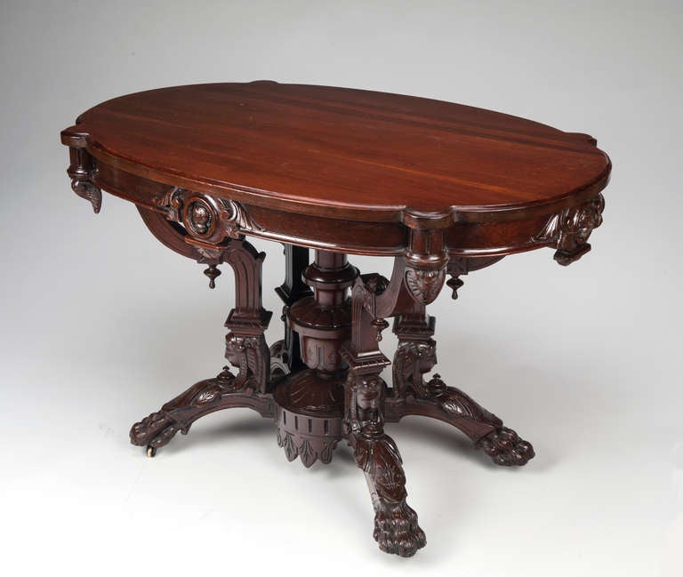 Renaissance Revival Carved Rosewood Center Table by John Jelliff, Newark, NJ