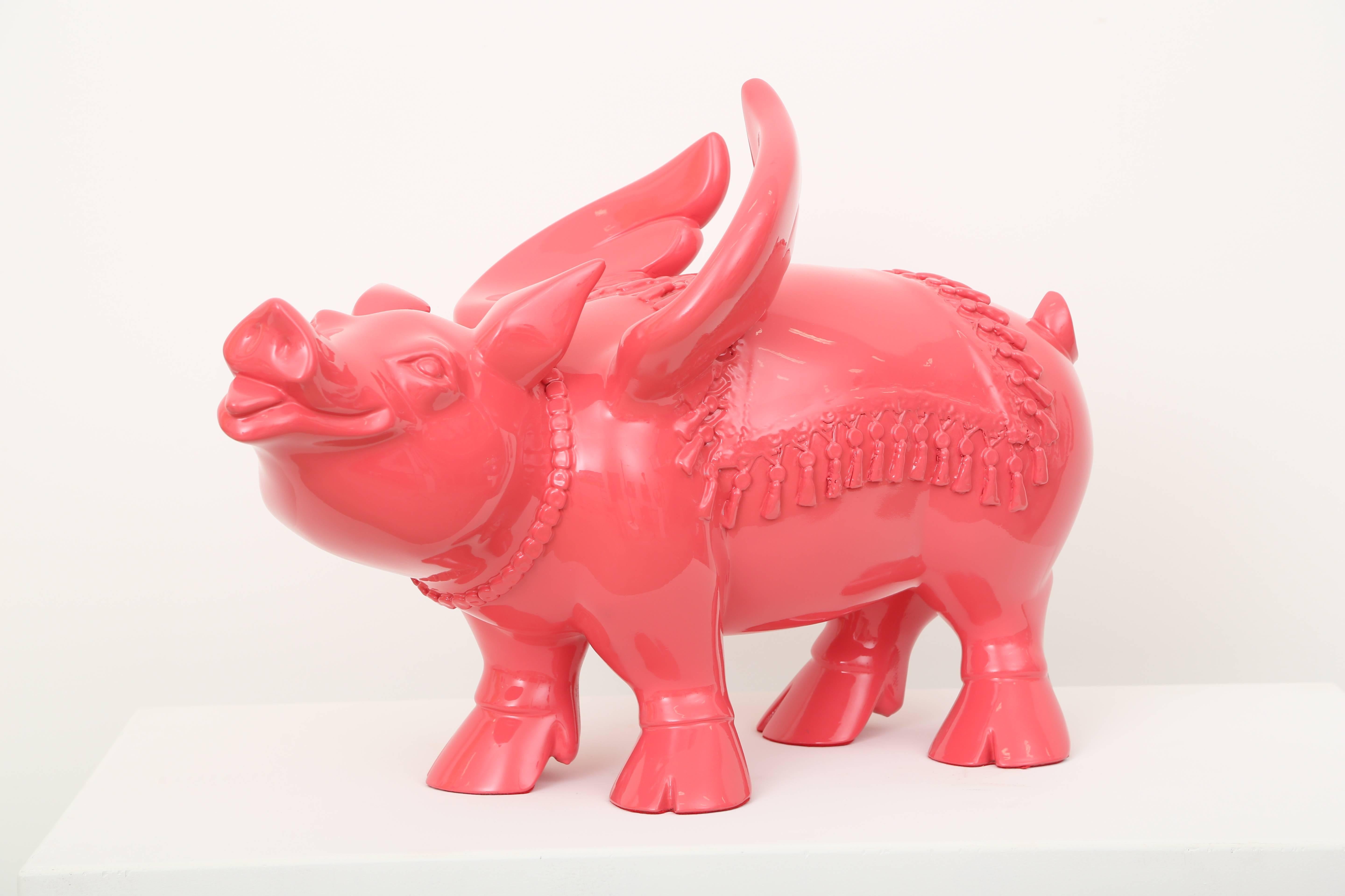 Pigasus - Pink Pig Resin Sculpture - White Figurative Sculpture by Patrick Schumacher