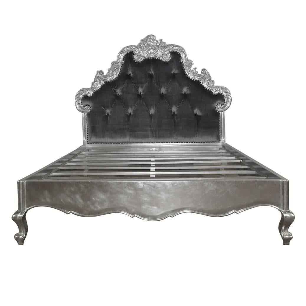 French Bed, Large Headboard, Silver Finish, Grey Velvet, Louis XV Style For Sale