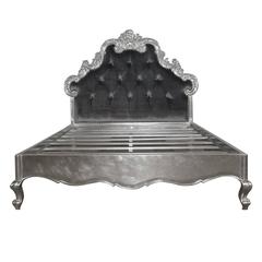 Vintage French Bed, Large Headboard, Silver Finish, Grey Velvet, Louis XV Style