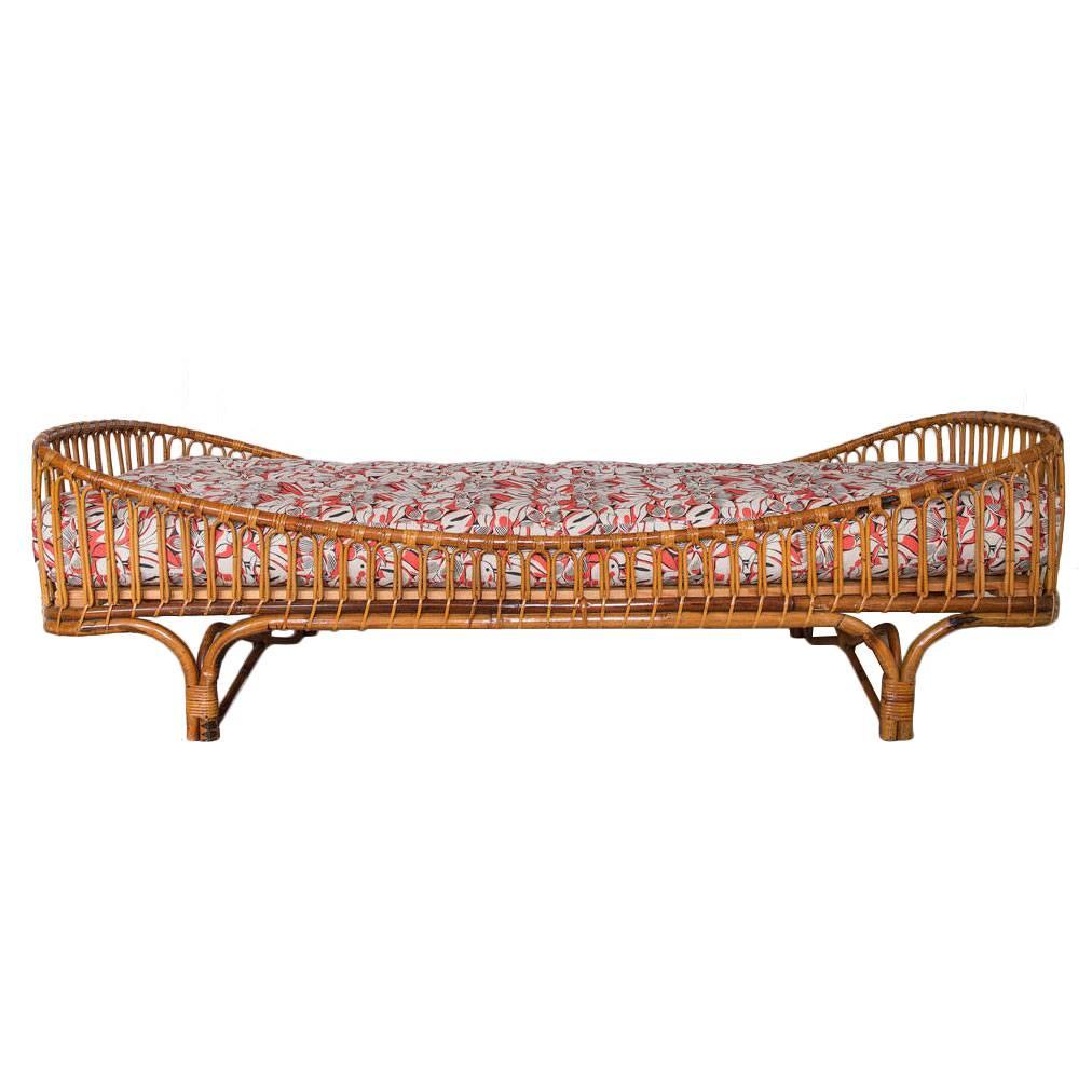 Italian 1950s Rattan Daybed with New Upholstered Mattress