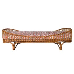Retro Italian 1950s Rattan Daybed with New Upholstered Mattress