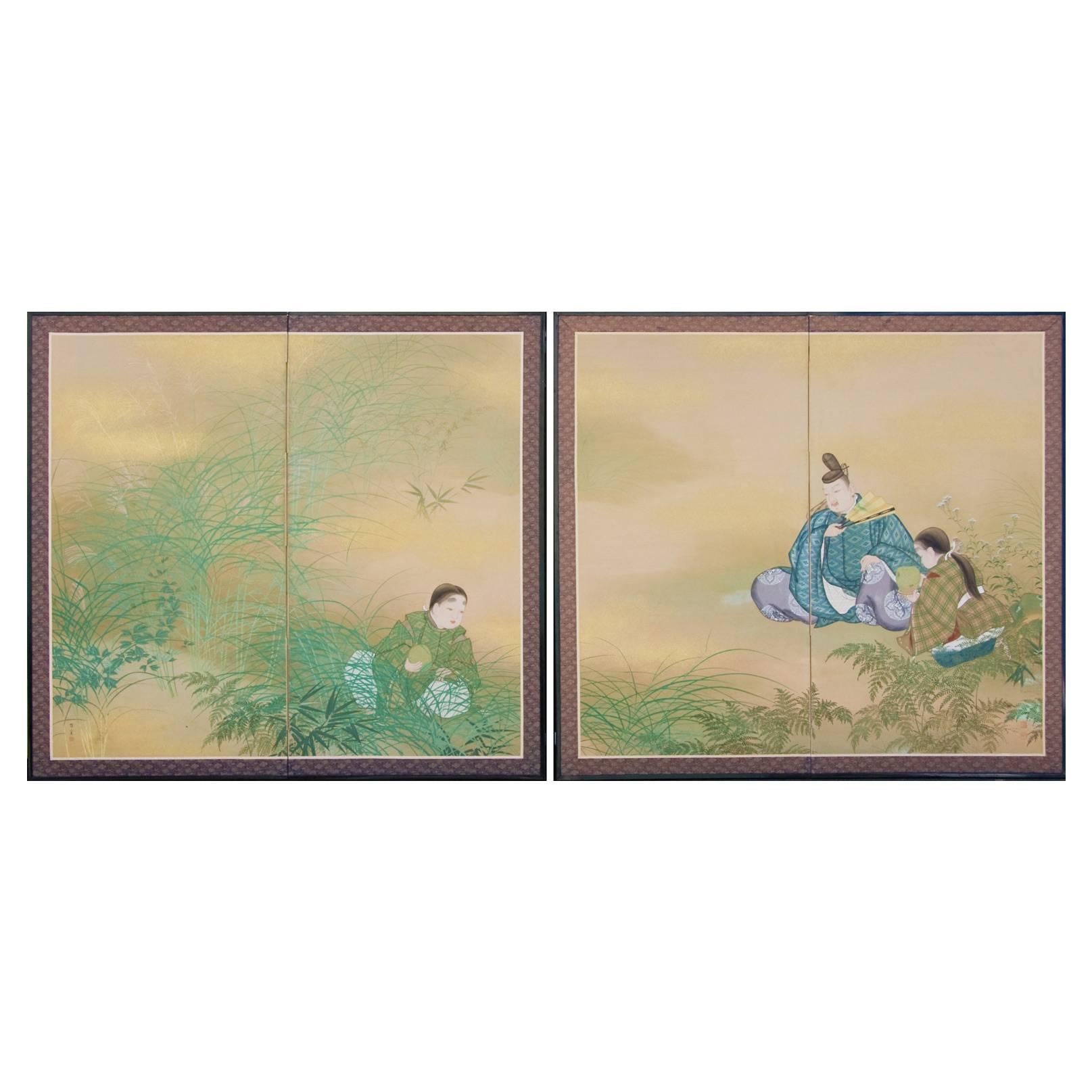 Taisho Period Silk Painting Screen of Nobleman and Children Catching Crickets For Sale