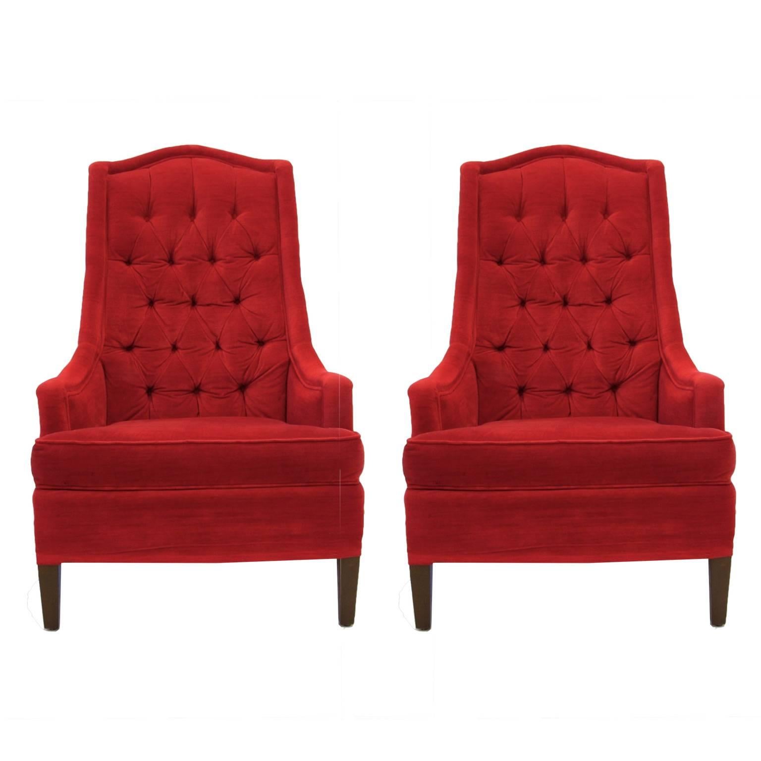 Excellent Pair of Tufted Red Velvet Classic Regency Arm or Club Chairs