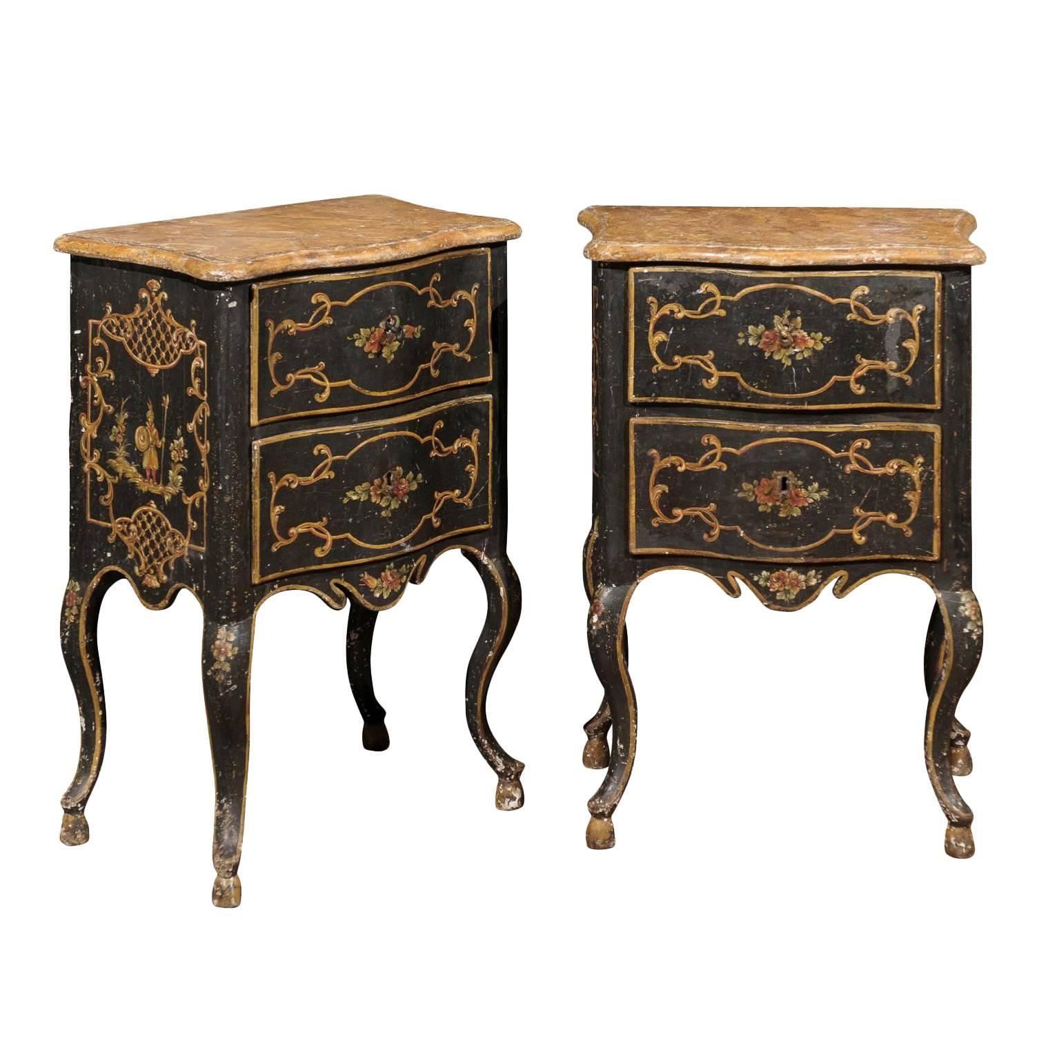 Pair of Florentine Black Painted Chinoiserie Petite Commodes from 19th Century