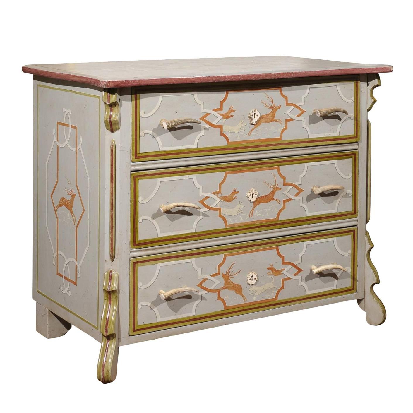 English 1900s Stags and Dogs Painted Three-Drawer Commode with Antlers Handles