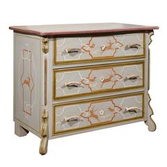 Antique English 1900s Stags and Dogs Painted Three-Drawer Commode with Antlers Handles