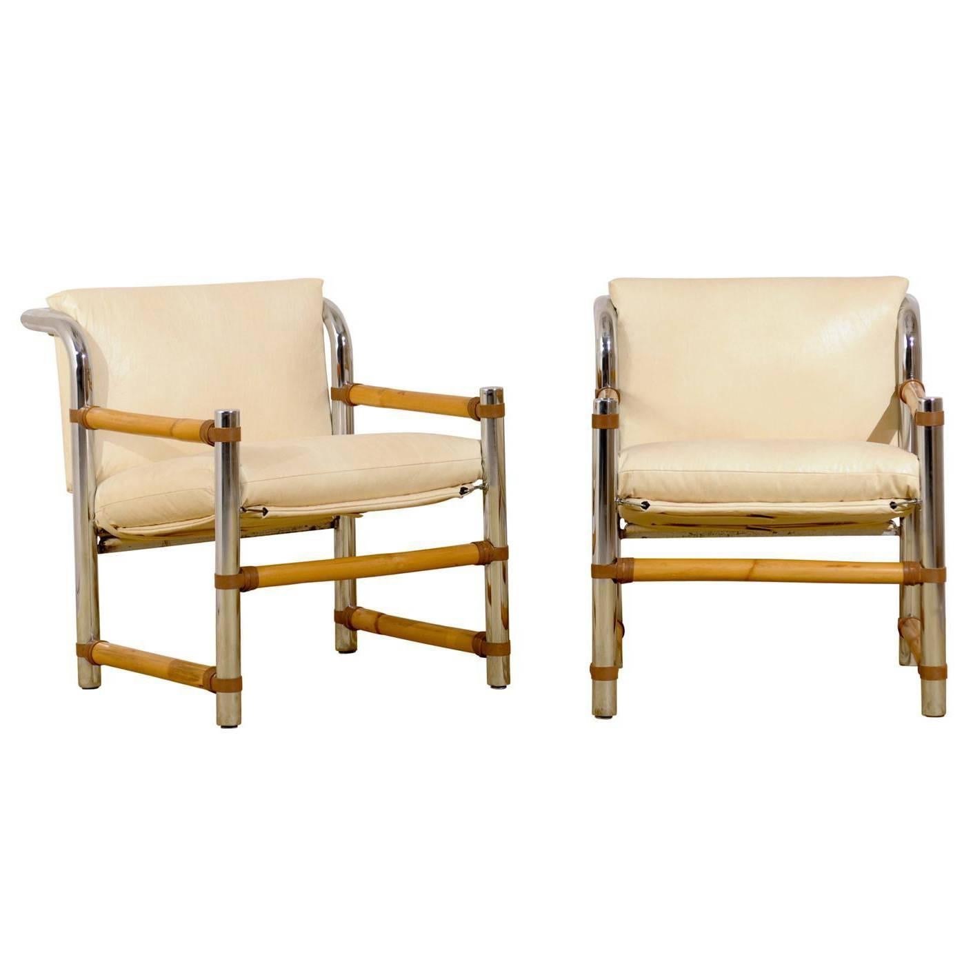 Fabuleuse paire de fauteuils de salon vintage restaurés en chrome et bambou