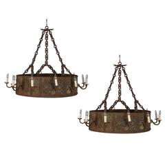Monumental Pair of Iron Chandeliers