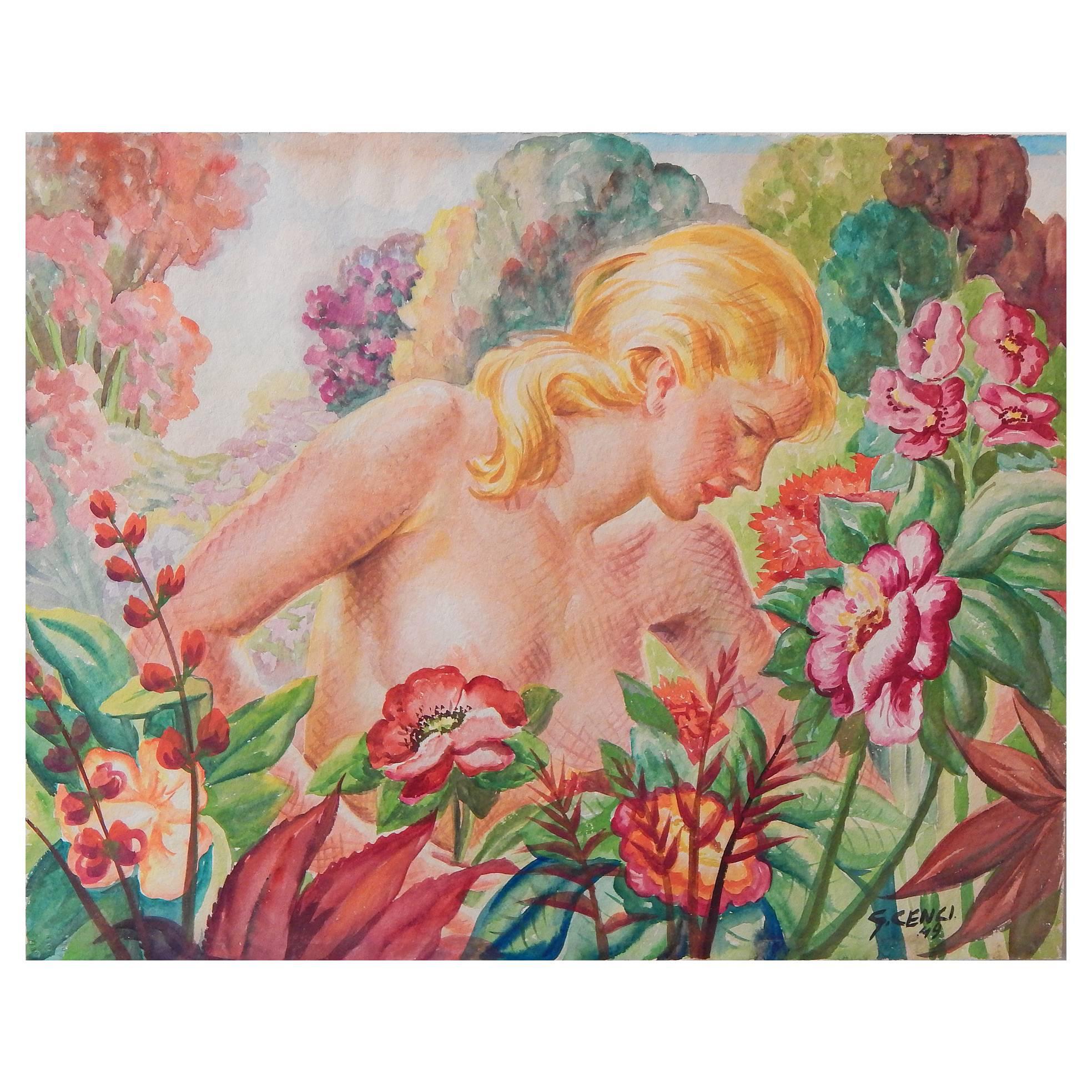 « Nu dans le jardin tropical », peinture Art déco de Cenci de 1949, aux couleurs brillantes en vente