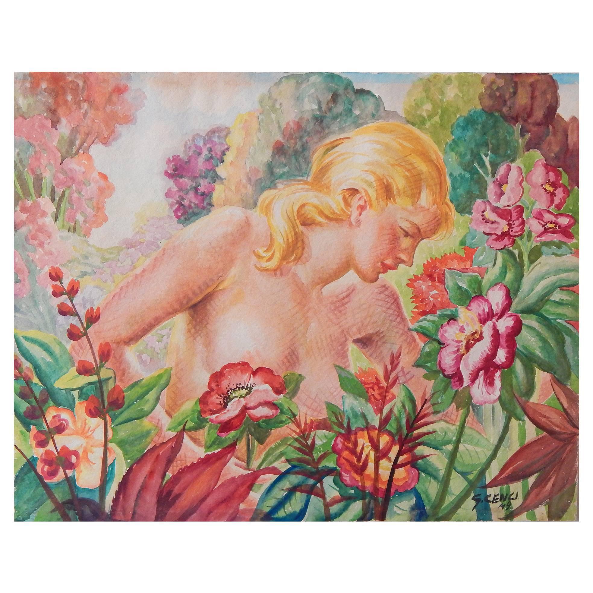 "Nude in Tropical Garden, " Brilliantly-Hued Art Deco Painting by Cenci, 1949 For Sale