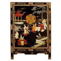 Chinese Black Lacquer Hardstone Scholars Cabinet 10