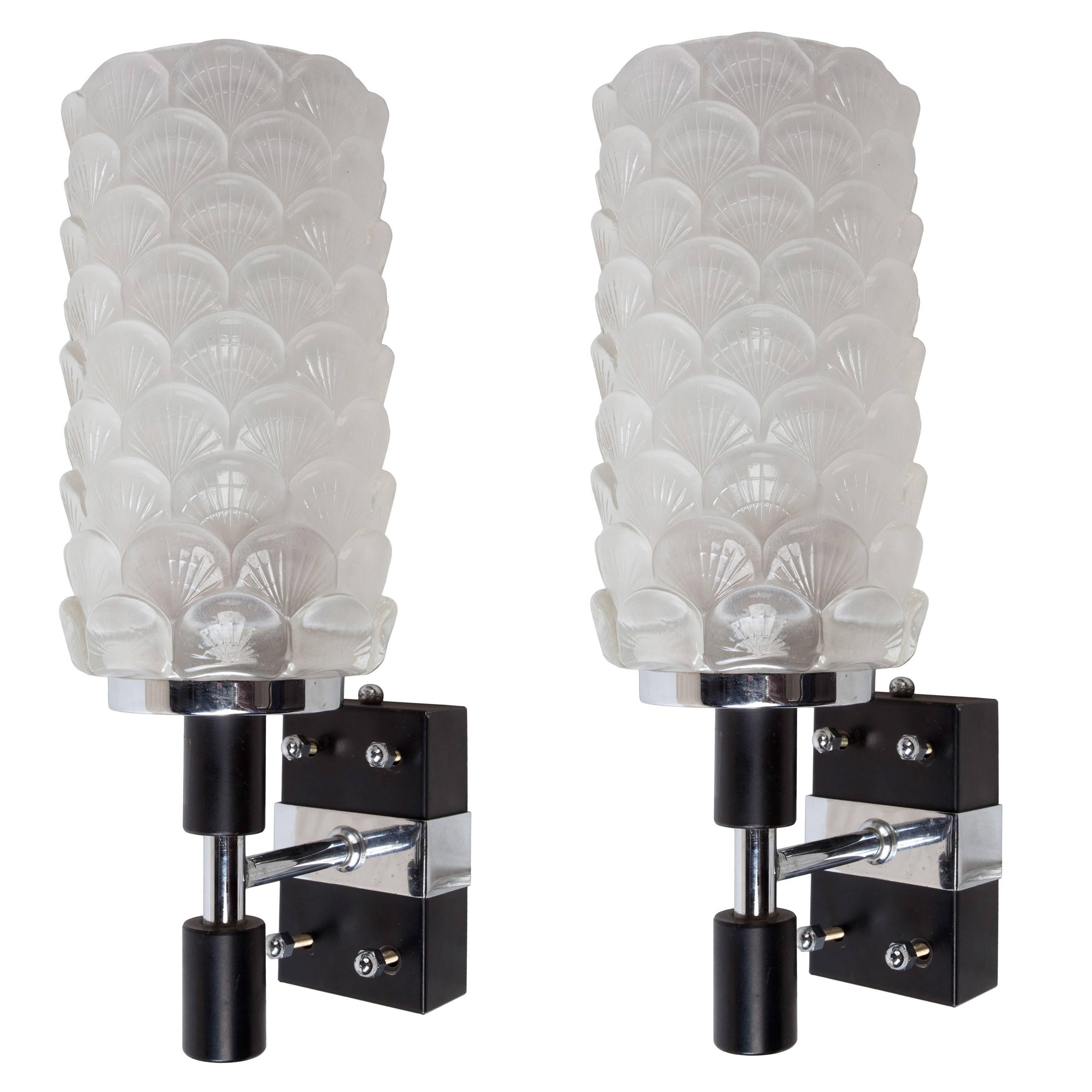 Pair of Deco Period Shell Motif Glass Sconces on Chrome and Metal Backs