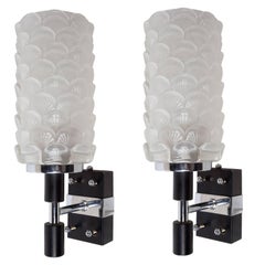 Pair of Deco Period Shell Motif Glass Sconces on Chrome and Metal Backs