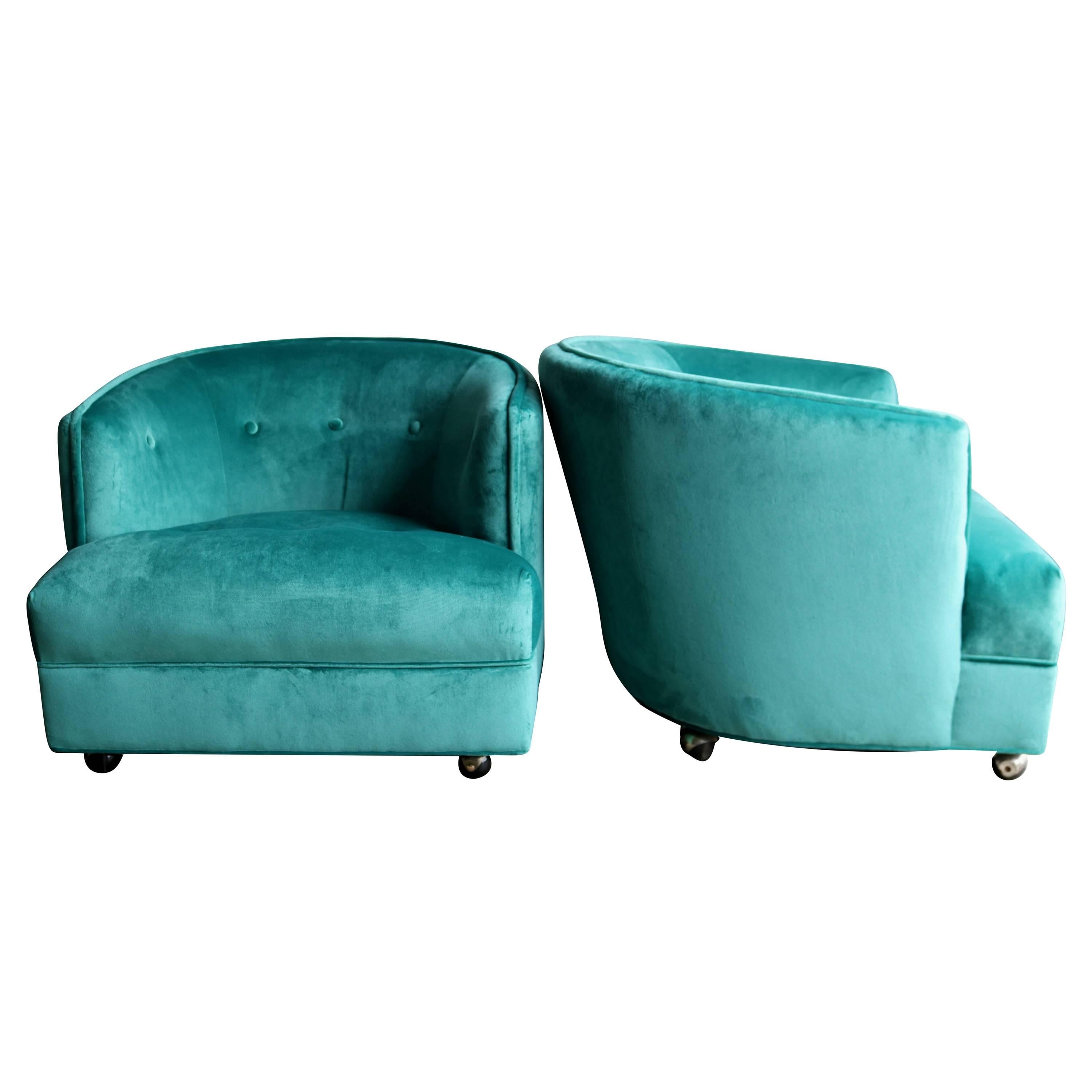 Pair of Aqua Velvet Barrel Back Club Chairs