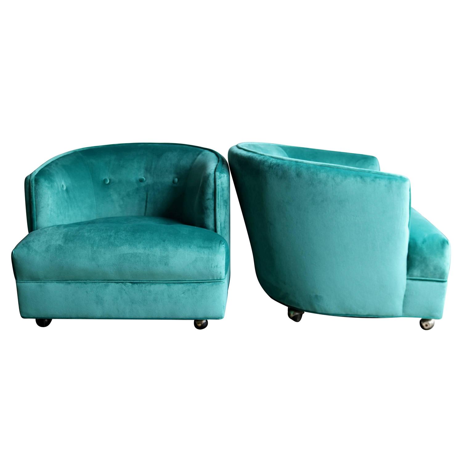 Pair of Aqua Velvet Barrel Back Club Chairs at 1stdibs