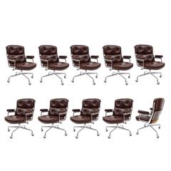 Set of Ten Vintage Eames "Time Life Chairs" in Chocolate Brown Italian Leather
