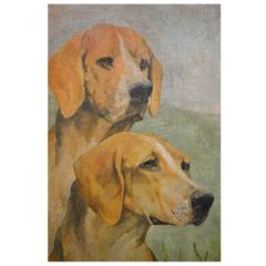 Antique Early 20th Century Beagle Oil on Canvas