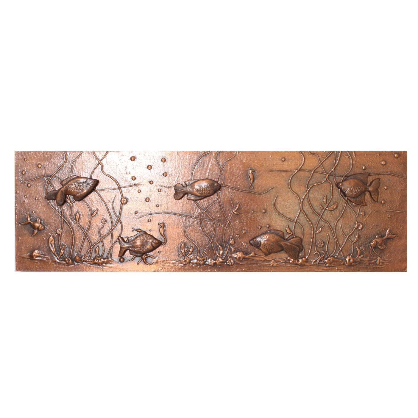 Huge Lighted Copper Wall Picture Panel or Object with Fishes