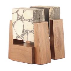 Stone Marble and Walnut Bookends
