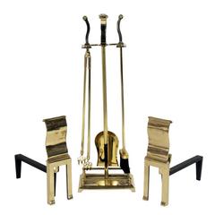 Elegant Brass Scroll Andirons and Fire Tools