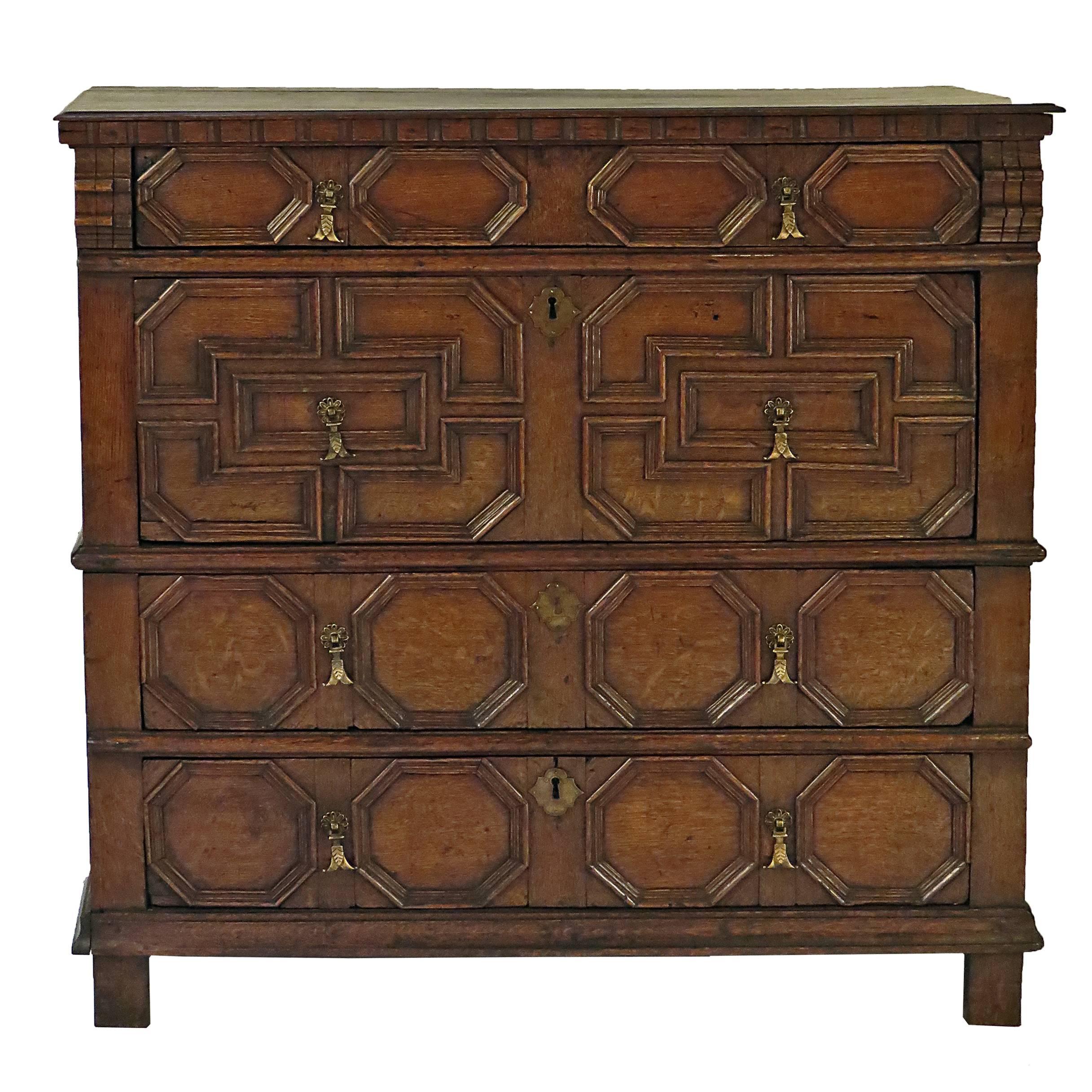 Charles II Oak Paneled Chest England, circa 1680 in Two Parts