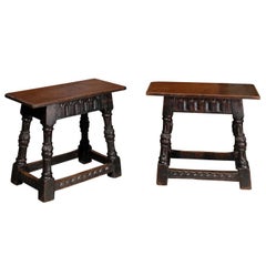 Unusual Pair of English 1900s Joint Stools with Carved Legs, Skirt and Stretcher Unusual Pair of English 1900s Joint Stools with Carved Legs, Skirt and Stretcher