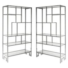 Pair of Milo Baughman DIA Chrome Greek Key Étagerès Shelves Glass