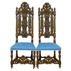 Pair of Carved Walnut High Back Chairs