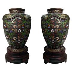 Commanding Pair of Large Antique Japanese Bronze Champlevé Urns on Wood Stand