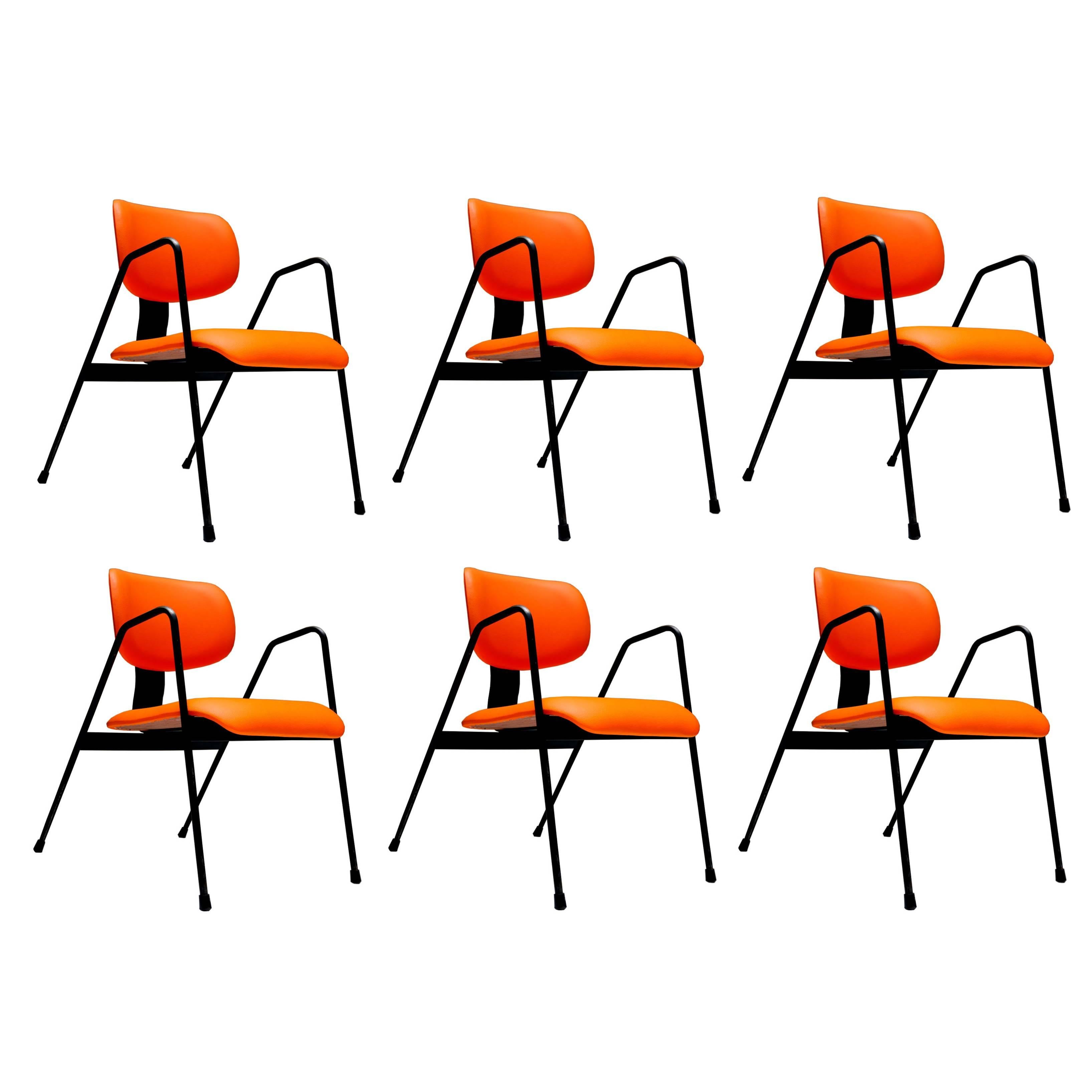 Six Orange Industrial Armchairs F1 by Willy Van Der Meeren for Tubax, Belgium