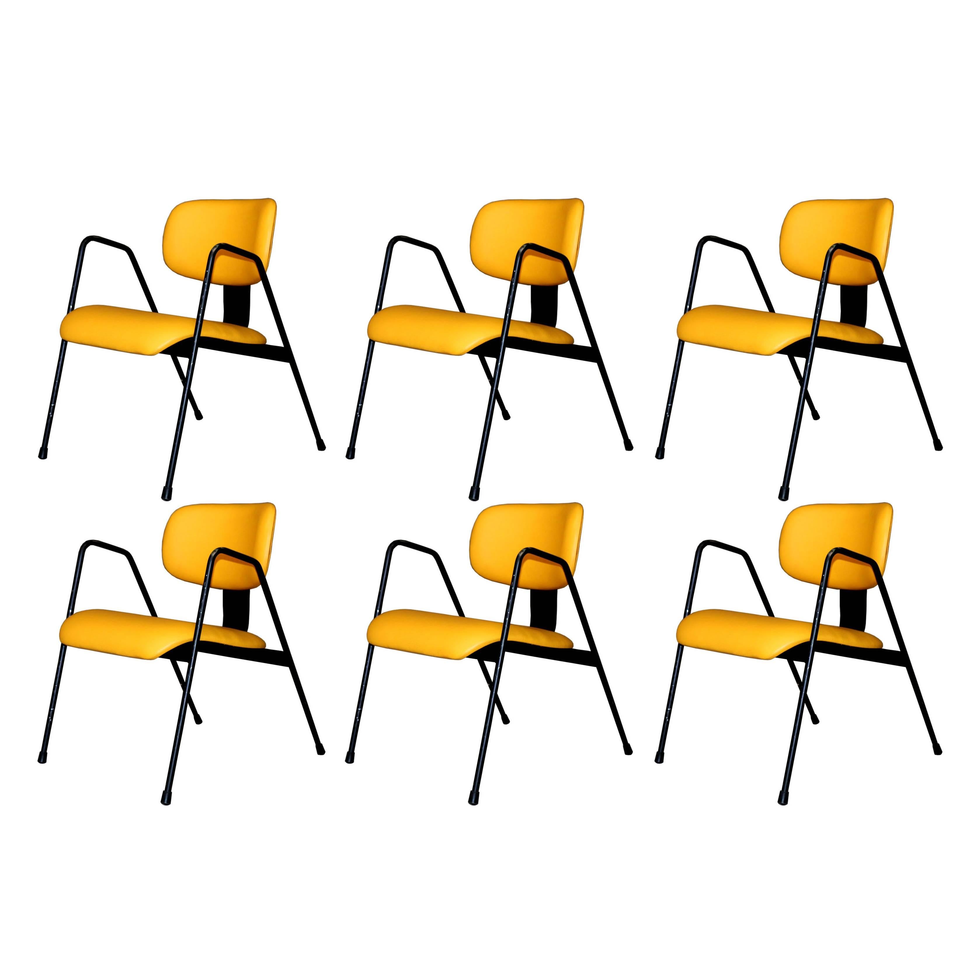 Six Yellow Industrial Armchairs F1 by Willy Van Der Meeren for Tubax, Belgium