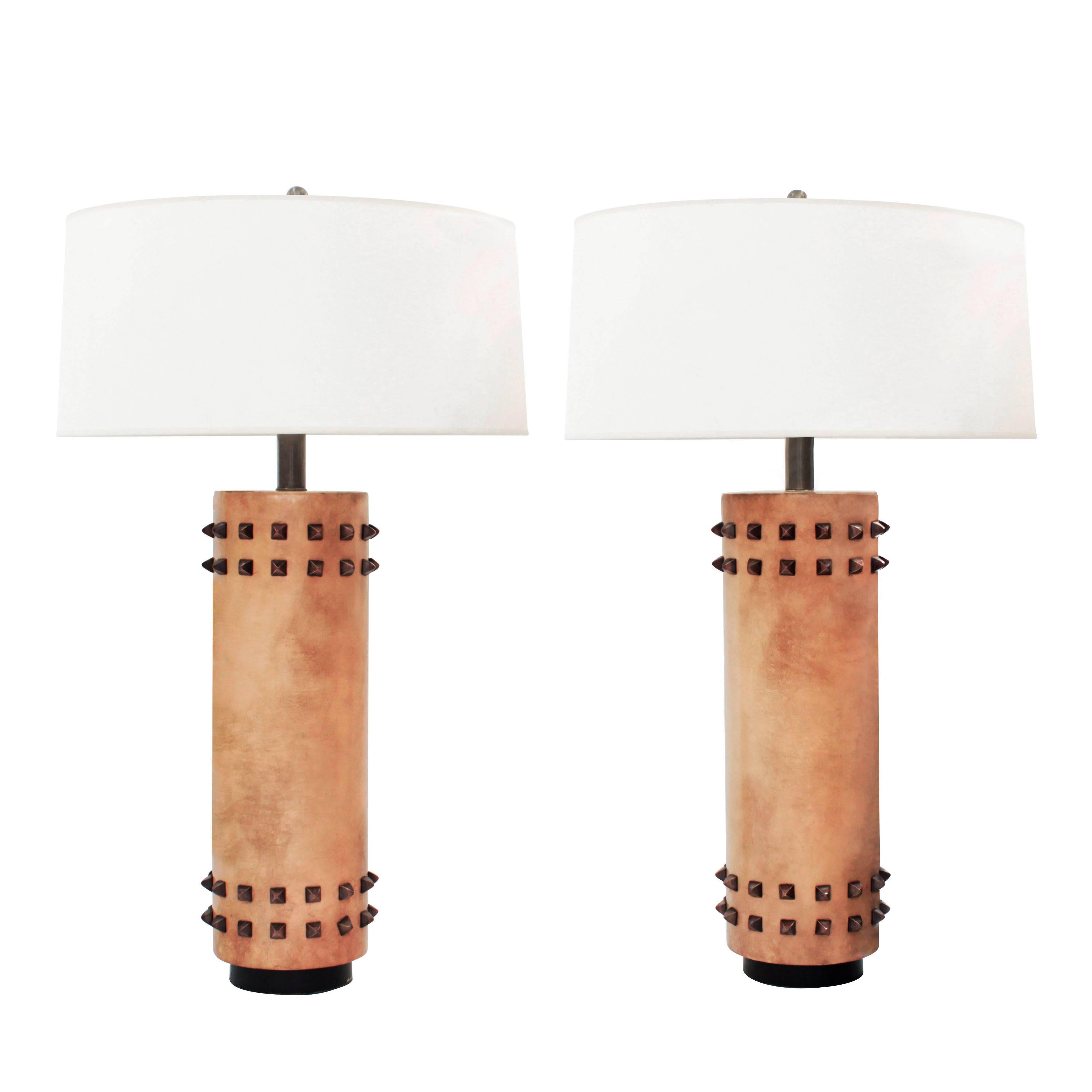 Pair of Elegant Table Lamps Wrapped in Leather with Bronze Spike Studs