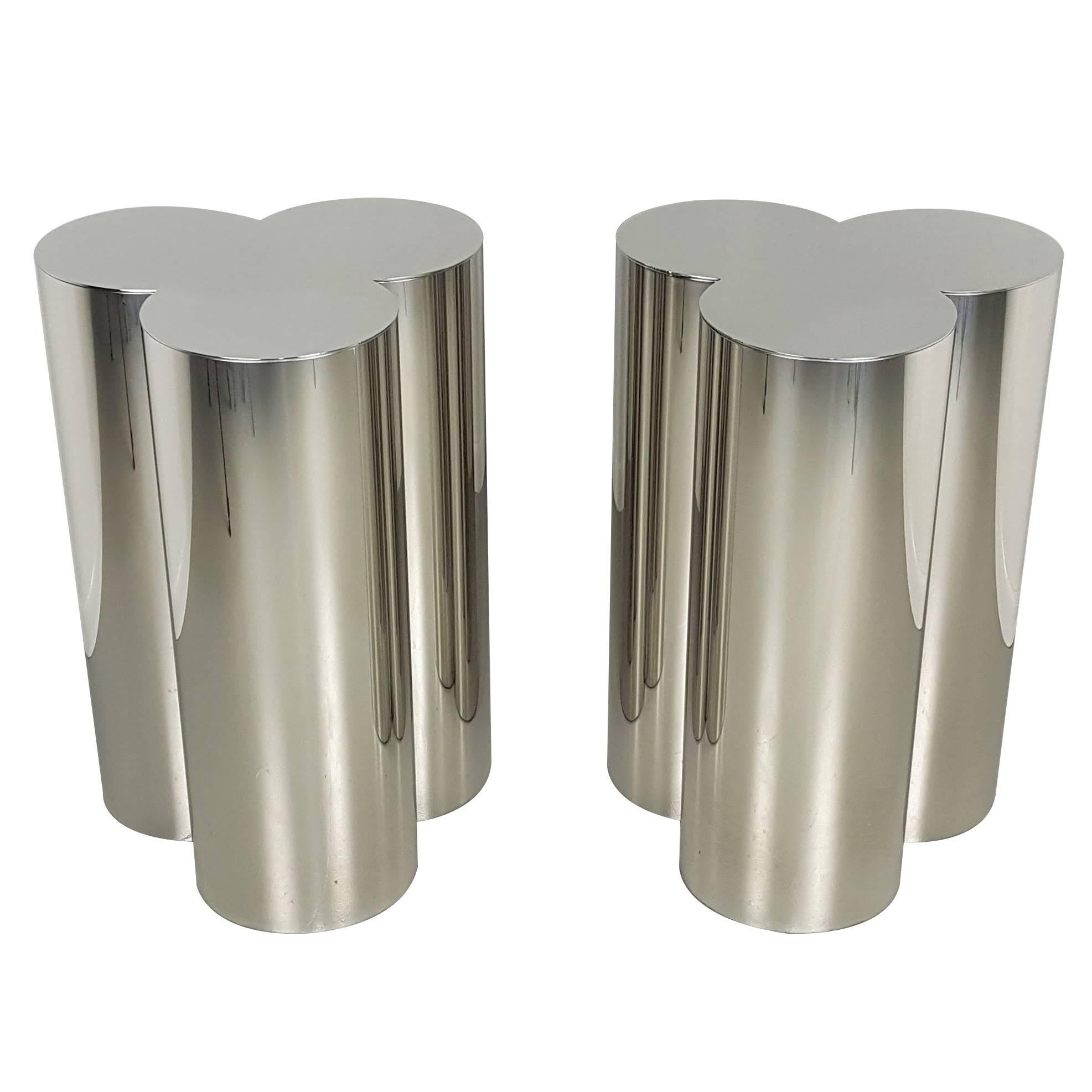Pair of Custom Trefoil Dining Table Base Pedestals in Mirror Stainless Steel