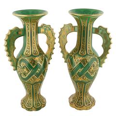 Magnificent Pair of Bohemian Green Gilt and Clear Cut-Glass Vases Alhambra Form