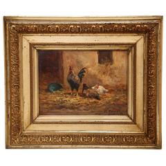 19th Century French Oil on Board Chicken Painting in Gilt Frame Signed Morlet