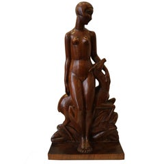 Antique Diane, Art Déco Woodcarving Sculpture by Geneviève Granger, France, circa 1930