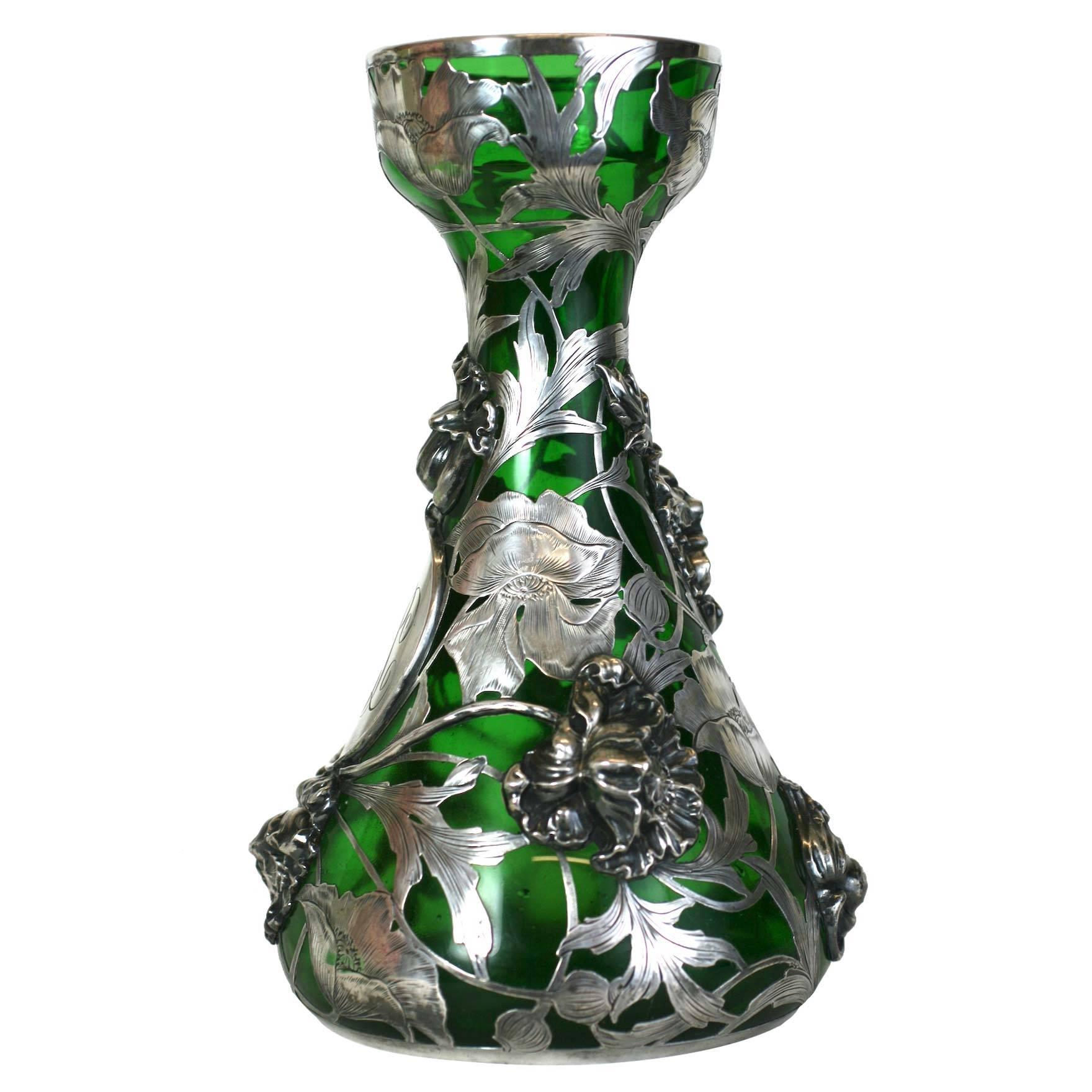 Exceptional Art Nouveau 3D Silver Overlay Vase, Alvin Mfg