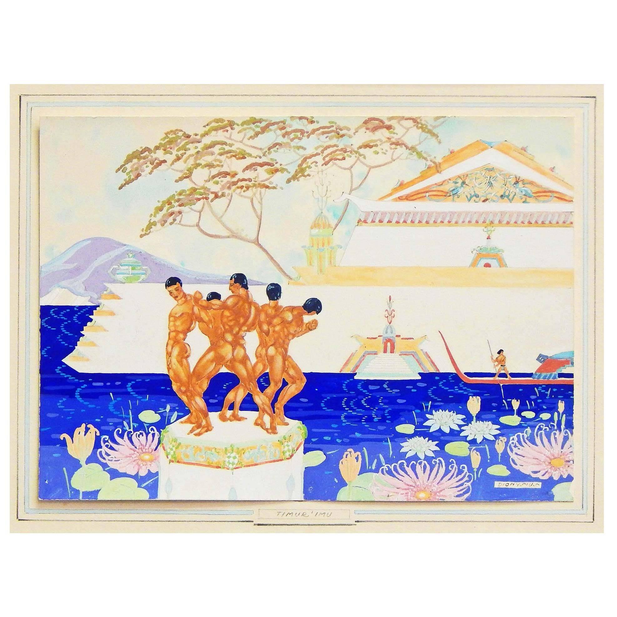 " Timur 'Imu, " Exotische asiatische Fantasie, Art-Déco-Gemälde mit männlichen Akten im Angebot