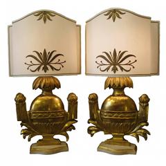 Antique Pair of Italian Carved Gilt Wood Table Lamps, Mid-18th Century Portapalme Vases