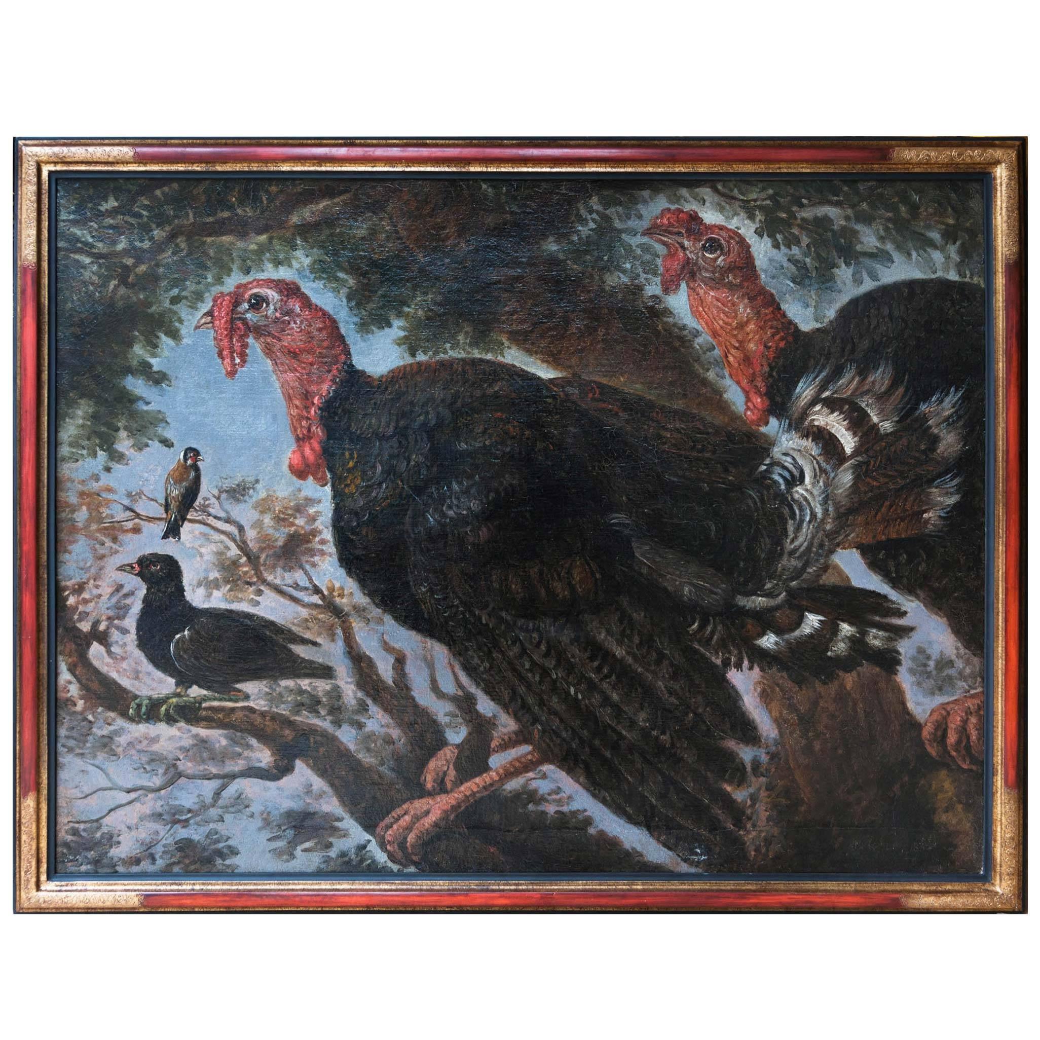 Large Early 19th Century Oil on Canvas of Two Turkeys For Sale